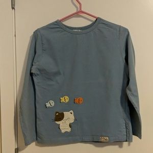 Long Sleeved Blue Top with Cute Cat